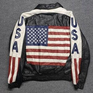 Vintage Genuine Leather USA Flag Jacket Lined sleeves Biker Moto Wear 90s READ